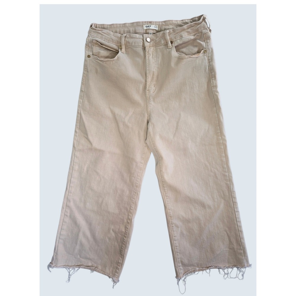 OAT Coastal Boho Cropped Wide Leg Pants 12/31 Tan Raw Hem Granola Girl Earthy
